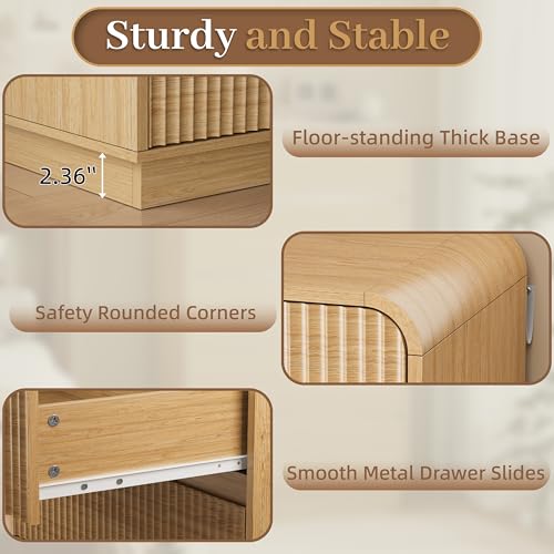 Image of Wodeer Natural Oak Dresser Fluted Tall 5 Drawer Dresser for Bedroom, Wood Chest of Drawers with Hidden Handles & Rounded Corners, Modern Storage Cabinet and Organizer Drawers for Living Room, Hallway