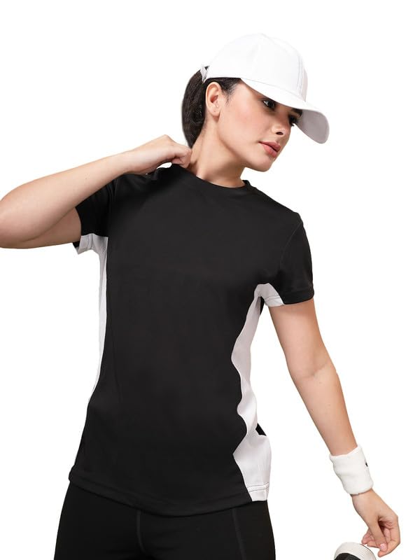 CHKOKKO Gym Tshirt for Women Workout Dry Fit t Shirt Sports Tshirt Lightweight Round Neck Breathable Half Sleeve Activewear Mesh Running Yoga Tops for Woman Blackwhite S