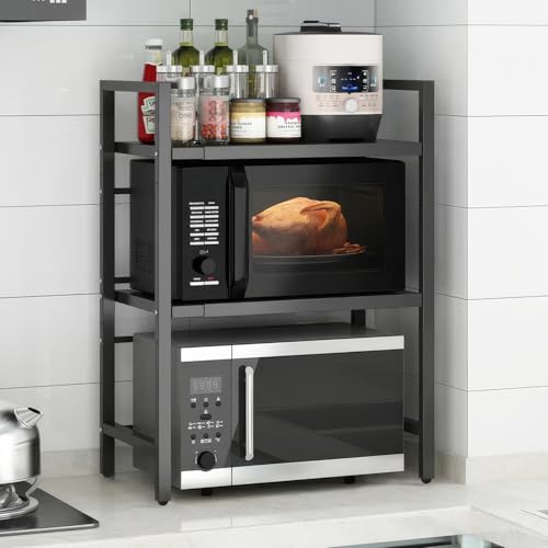 ALANNG Mikrowellen Regal, 3 Stufig Mikrowellenregal Küche Arbeitsplatte, Küchenregal Stehend für Backofen/Kaffeemaschine, Stabile Microwave Stand mit 6 Haken, Schwarz