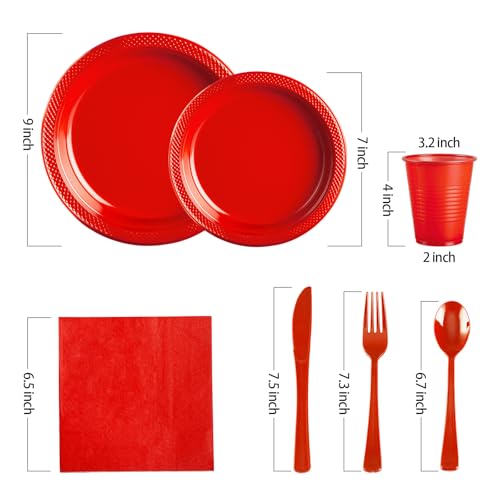 Red Plastic Plates,Christmas Disposable Plates Set,Disposable Plastic Dinnerware for Christmas Wedding Birthday,Serve 25 Guests – Image 3