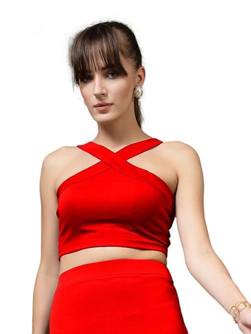 Image of OOMPH! Women Stretchable Relaxed Fit Crop Top With Stylised Shoulder Straps