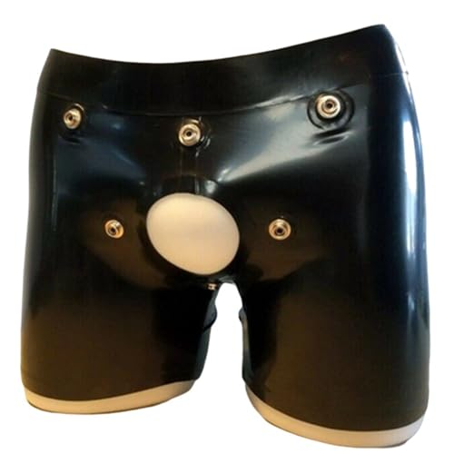 Men Black Latex Rubber Shorts Briefs Pants with Detachable Codpiece Crotch Inside Openning JJ Hole Back Zipper2