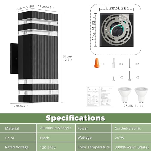 Image of JYV Dusk to Dawn Outdoor Wall Lights,Up and Down Square Porch Lights,Black | Aluminum Exterior Lighting Fixtures Wall Mount with 2x7W 3000K Bulbs, Waterproof Outdoor Lights for House Porch Patio Garage