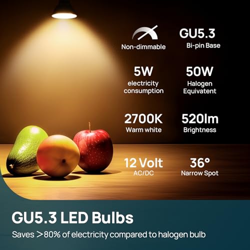 Linkind GU5.3 MR16 LED Bulbs, 12V AC/DC 5W(Equivalent to 50W) Bi-Pin Base Spotlight Bulb, 520LM, Warm White 2700K, 36°Beam Angle Track Light, Non-dimmable, Pack of 5