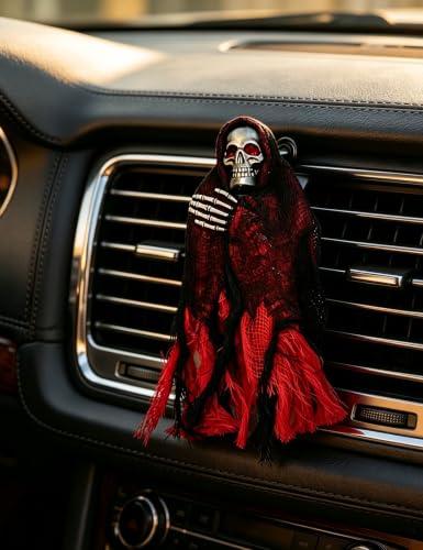 Image of Skull Car Air Vent Clip Decoration Gothic Skeleton Car Accessories - Red | Halloween grim reaper skeleton car vent clip, spooky skeleton figure charm, horror dark style car air outlet gift for driver