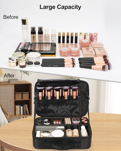 Image of Relavel Makeup Bag Train Case for Women Travel Cosmetic Organizer with Adjustable Dividers and Brush Compartment, Large Storage Box for Cosmetics, Toiletries, Nail Polish, Jewelry, Electronic (Black)