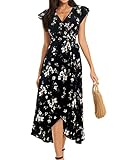 ZABERRY Long Maxi Floral Split Flowy V-Neck Wrap Waist Dress for Women Summer(Black Floral,X-Large)