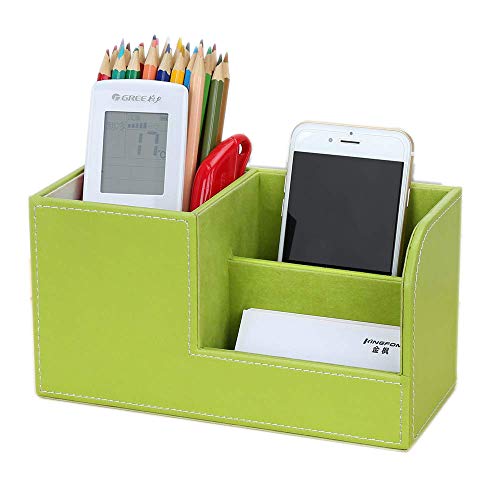 KINGFOM Desk Organizer Office Supplies Caddy Pu Leather Multi-function Storage Box Pen/Pencil,Cell phone, Business Name Cards Remote Control Holder Green