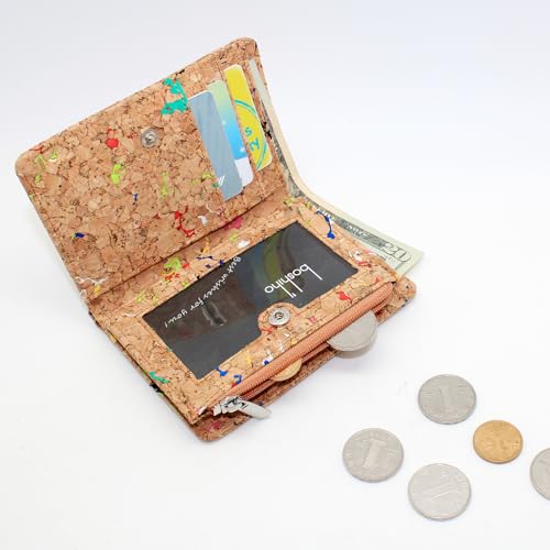 Image of Eco Cork Friendly RFID Blocking Wallet Bi-fold Card Holder Vertical Wallet With Zippered Coin Purse & ID Window