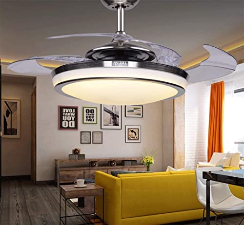 Fandian 44" Modern Ceiling Fan With Lights Remote Control Chandelier Fixture, 3 Lighting Changes Retractable Fandelier For Living Room Bedroom, Brush Chrome With Silent Motor #TOP2