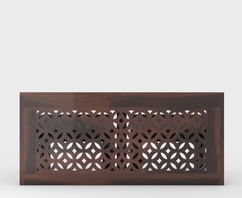 Image of ONIJA Modern Wooden Coffee Table with Carved Jali Design & Cushioned Stool | Center Table with Hidden Seating | Solid Wood Living Room Table (Walnut Finish)