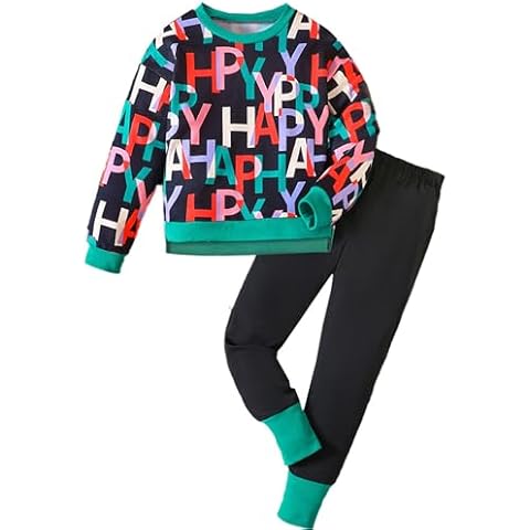 BOMDEALS Girls Letter Graphic Clothes - Casual Kids Sweatsuit Allover Print Pullover Sweatshirt Leggings 2 Pcs Sets(BlackHappy,11 Years,1232b) Cover