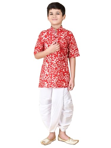 Image of Kids Traditional Pure Cotton Batik Printed Kurta & Dhoti Pant Set, Short Sleeve, White Bottom, Ethnic Wear