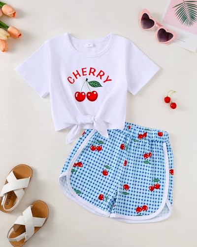 Image of Jecson Girls Summer Outfits 2Pcs Kids Clothes Girls Tie Knot Front Tops T-Shirts and Casual Short Sets 5-12Y