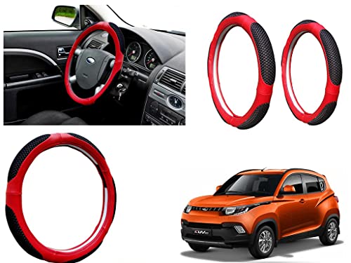 Image of Microfiber Car Steering Wheel Cover, Soft Padding Great Hand Feel, Anti-Slip, Faux Leather Steering Cover for Mahindra KUV 100 | Black Red Jali - Pack of 1