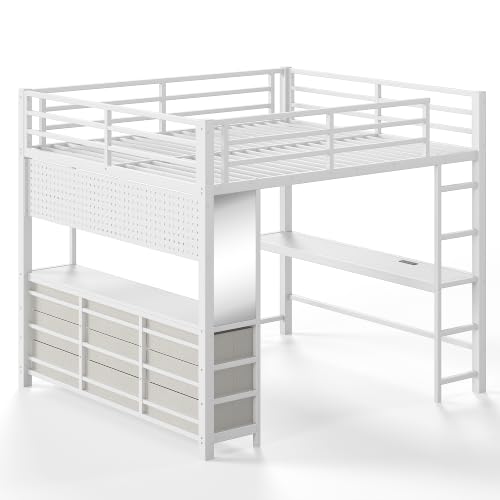 Image of Bellemave Queen Size Loft Bed Frame with Desk and Storage Drawers,White