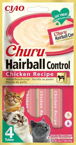 INABA Churu Hairball Snack Gatti per Prevenire le Palle di Pelo - Gusto Pollo, 4 Stick x 14g - Cibo per Gatti con Omega 3 e 6, Taurina e Vitamina E Contro i Boli di Pelo, Snack Funzionale