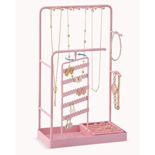 Lolalet Jewelry Organizer Stand, No Assembly Needed Display Storage with Rotating Earring Holder for Necklace Bracelet Rings, Galentines Valentines Gi