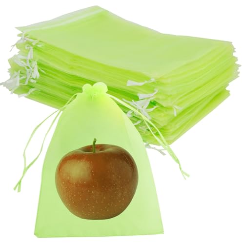 June Fox 50 Pcs Fruit Protection Bags 6x9 inch, Fruit Netting Cover Bags with Drawstring, Mesh Fruit Protectors Barrier Bags for Mangoes Tomatoes Fruit Trees Veggies Garden (Green)