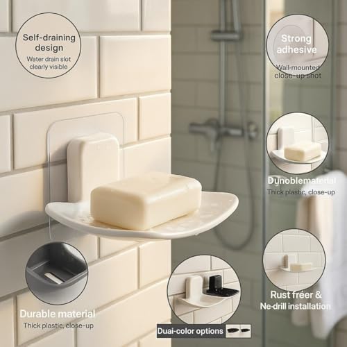 Image of Wall Mounted Soap Dish Holder, Self Adhesive, Curved Tray Design, Bathroom Organizer, Available in White and Black