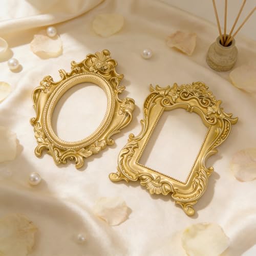 Image of 6 Pcs Mini Gold Frames, Small Vintage Picture Frames Antique Resin Photo Frame for DIY Craft Galley Wall Hanging Jewelry Display Shooting Photo Props Christmas Decor (Without Backings)
