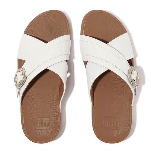 Image of FitFlop Women's Lulu Crystal-Buckle Leather Cross Slide Sandal
