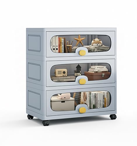 Image of House of Quirk 3-Layer Stackable Collapsible Storage Box Cabinet with Wheels & Flip Doors - 50cm Plastic Storage Box for Home, Kitchen, Closet & Toy Organization (Grey)