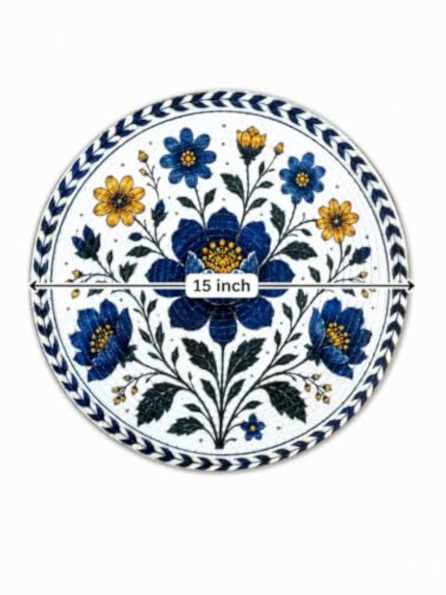 Round Cotton Dining Table Mat, Blue Floral Printed Placemat for Dining