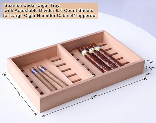 Image of Woho 2pcs Spanish Cedar Cigar Tray with Adjustable Divider & 12 Count Sheets, Open Cedar Cigar Trays with Scent for Cigar Organization /Storage /Aging, Cigar Tray for Large Cigar Humidor (12 inchX7 inchX1.57 inch)