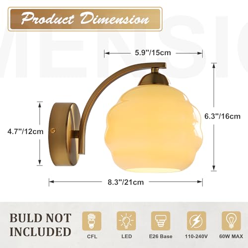 Image of Brushed Brass Wall Sconces 1 Light Mid Century Modern Antique Gold Wall Light Fixture with Yellow Globe Glass Shade Industrial Indoor Wall Lamps for Mirror Bedroom Hallway MCL13GD-1 (1 Pack)