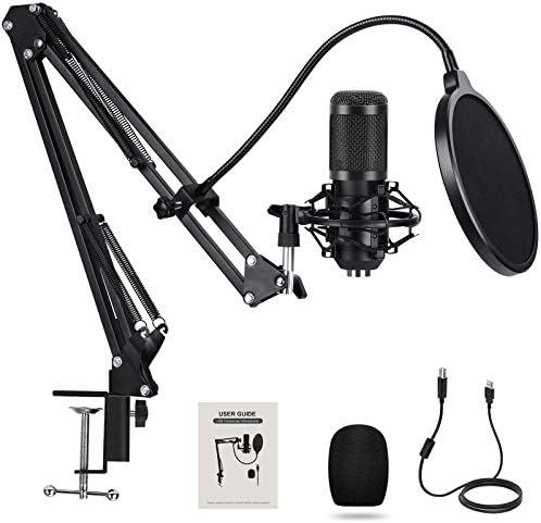 USB Condenser Microphone Package for Pc Skilled Studio Cardioid PC Mic, Plug & Play, for LiveStreaming, Gaming, Youtuber, Karaoke Recording, with Adjustable Scissor Arm Shock Mount/Pop Filter