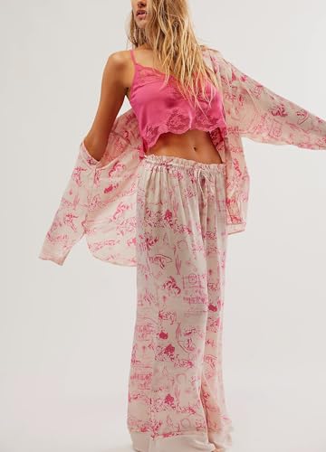 Image of LILTWIST Silk Satin Pajamas Set for Women 2 Piece Floral Pjs Wide Leg Lounge Pants Set Long Sleeve Button down Pj Shirts Set