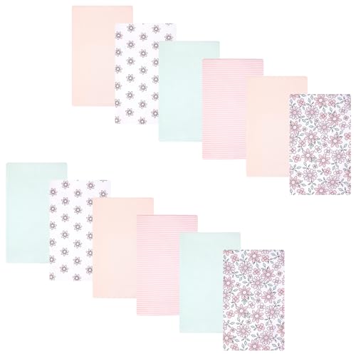 Image of Hudson Baby Infant Girls Cotton Flannel Burp Cloths 12-Pack Bundle, Pink Mint Floral, One Size