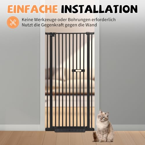 DunleyMin Schutzgitter für Haustiere Extra Hoch, Haustiergitter Extra Hoch mit Doppelverriegelung, 180° Türöffnung, Automatische Türschließung, Ohne Bohren (Schwarz)