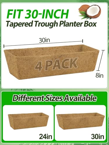 Image of 30in Tapered Coco Liners for Window Planter Box - 4 Pack 100% Natural Coconut Coir Fiber Liner Replacement for Deck Flower Box, Garden Railing Fence Wall Planter Basket