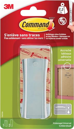 Command Accroche Universelle Adhésive pour Tableaux, Grand Modèle, Argenté - 1 Crochet et 2 Grandes Languettes, 2,2 kg - Accrochage Sans Dommage