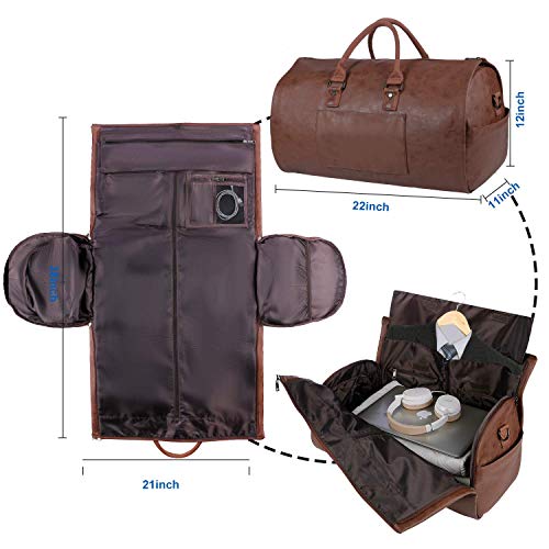Carry On Garment Bag, Waterproof Mens Garment Bag for Travel Business, Large Leather Duffel Bag with Shoe Compartment -Brown