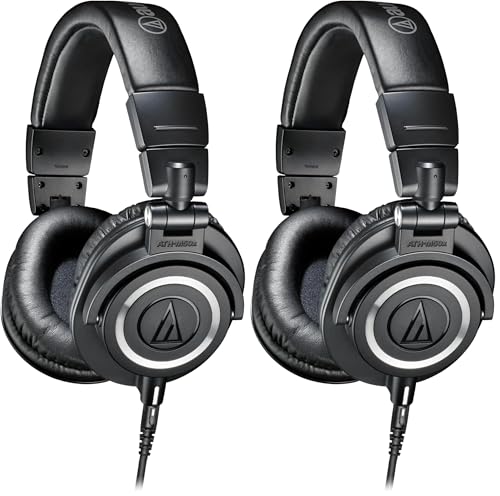 Audio-Technica ATH-M50X Professional Studio Monitor Headphones,Black,Professional Grade,Critically Acclaimed,with Detachable Cable,(Pack of 2)