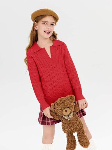 Image of Girls Sweaters Kids Fashion Cable Knit Collared V Neck Pullover Sweater Tops 5-14 Years