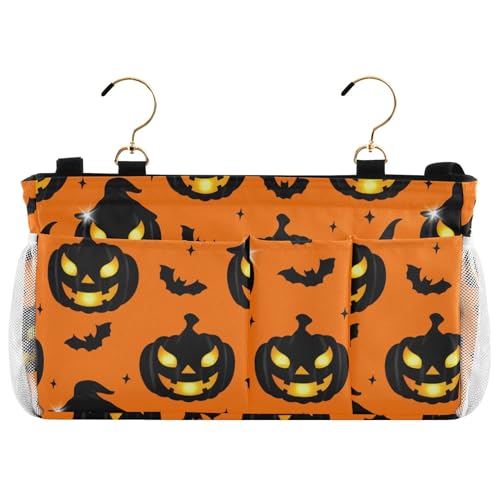 Burbuja Pumpkins with Glowing Faces Bedside Caddy Hanging Storage Organizer with 2 Straps and Hooks for Home College Dorm Bunk Bed Hospital Bed Crib