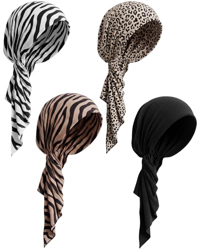 Image of Halfchet 4 Pcs Chemo Headwear for Women Pre Tied Cancer Caps Head Scarf Turbans for Women Patients Gifts