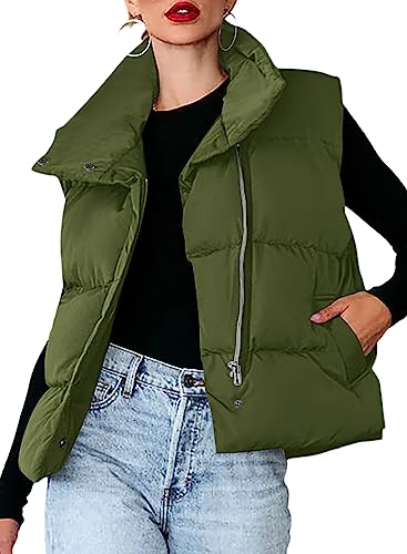 Dokotoo Cropped Puffer Vest Women Warm Padded Gilet Casual Zip Up Pocketed Sleeveless Outerwear Quilted Jacket Winter Coats for Women Lightweight Vest Green M