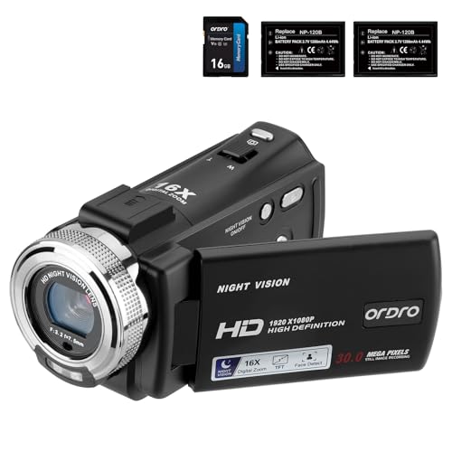 ORDRO HDV-V12 Video Camera Full HD Camcorder Digital Recorder | 1080P 30FPS 30MP | 3.0 Inch Rotation LCD | 16X Digital Zoom | Infrared Night Vision - Black (V12+16GB Card)