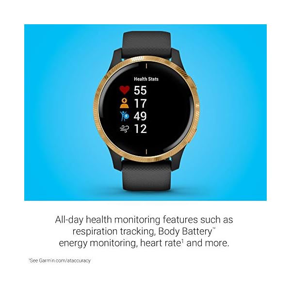 Garmin-Venu-GPS-Smartwatch-with-Bright-Touchscreen-Display-Features-Music-Body-Energy-Monitoring-Animated-Workouts-Pulse-Ox-Sensor-and-More-Gold-with-Black-Band Garmin 010-02173-31 Venu, GPS Smartwatch, Bright Touchscreen Display, Features Music, Body Energy Monitoring, Animated Workouts, Pulse Ox Sensor and More, Gold with Black Band