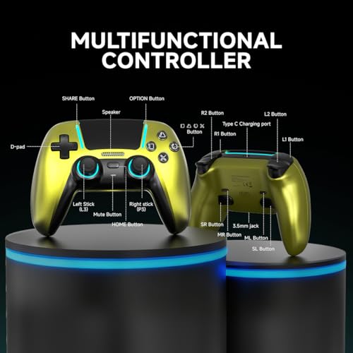 Image of ASRVA Chrome Green Wireless Pro Controller for PS5,4 Back Buttons,Hall Effect Joystick(No Drift),Micro-Switch,Gyro,Macro,1000mAh,RGB,Compatible with PS5 Pro /Slim /PC /iOS /Android