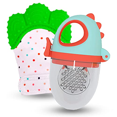 Mordederas Y Chupones, Baby Product Chupón De Frutas y Papillas + Guante Mordedera, Membrana Sonora, Relieve Estimulante para Bebé, Libre BPA, 3m+ (Chupón Dino Verde Rojo + Guante Verde)