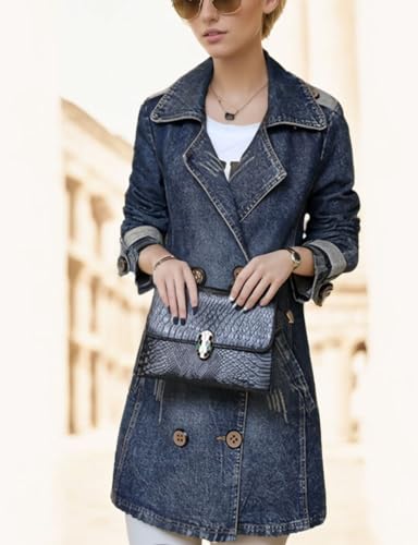 Kwoki Women's Mid Long Denim Trench Coat Casual Slim Double Breasted Distressed Ripped Jean Jacket with Pockets4