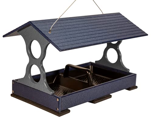 JCs Wildlife Blue and Gray Large Fly Thru Bird Feeder with Removable Seed Tray with Drainage Holes - Holds 8 Cups of Bird Seed - Platform Bird Feeder - Easy to Clean