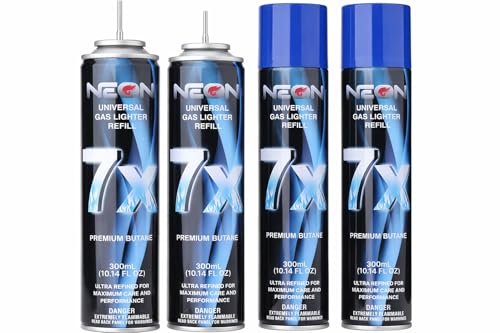 NEON Butane Refill, 300ml 7X Filtered Premium Butane Fuel, 4 Cans Pure Refined Lighter Fluid with 0 Impurities & 5 Different Nozzle Adapters for Refillable Lighters, Butane Torches, Kitchen Blow Torch