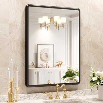 New Upgrade Bathroom Mirror, 22X30 Inch Black Metal Frame Wall Mounted Rounded Rectangle Bathroom Vanity Mirror with Tempered Glass for Washroom Bedroom Living Room